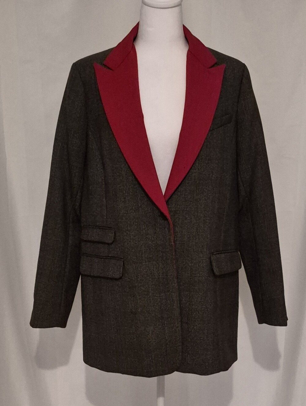 Rag & Bone Paloma Tailored Gray Brown Plaid Blazer with Red Lapels